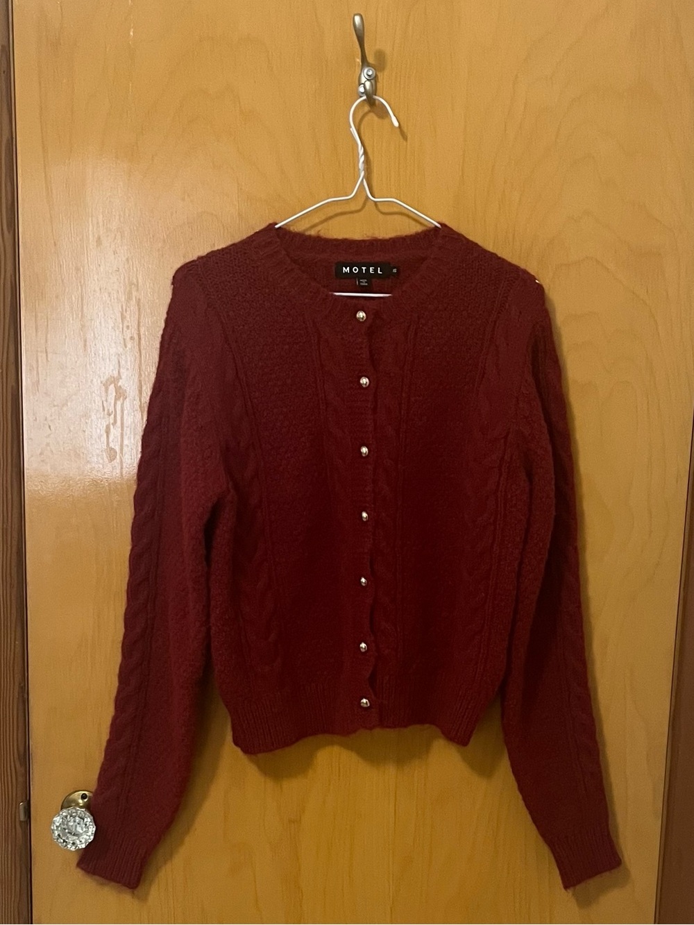 Motel Rocks Burgundy Pearl Button Cable-Knit Cardigan